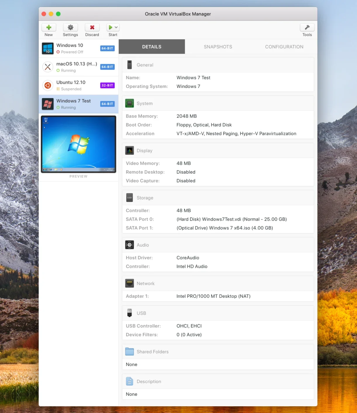 The user interface enables configuration management of hosted machines. Image provided by VirtualBox.